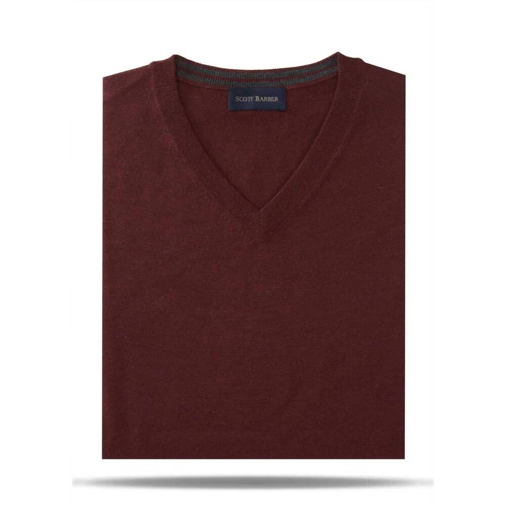 NEW SCOTT BARBER men's merino v neck sweater in maroon